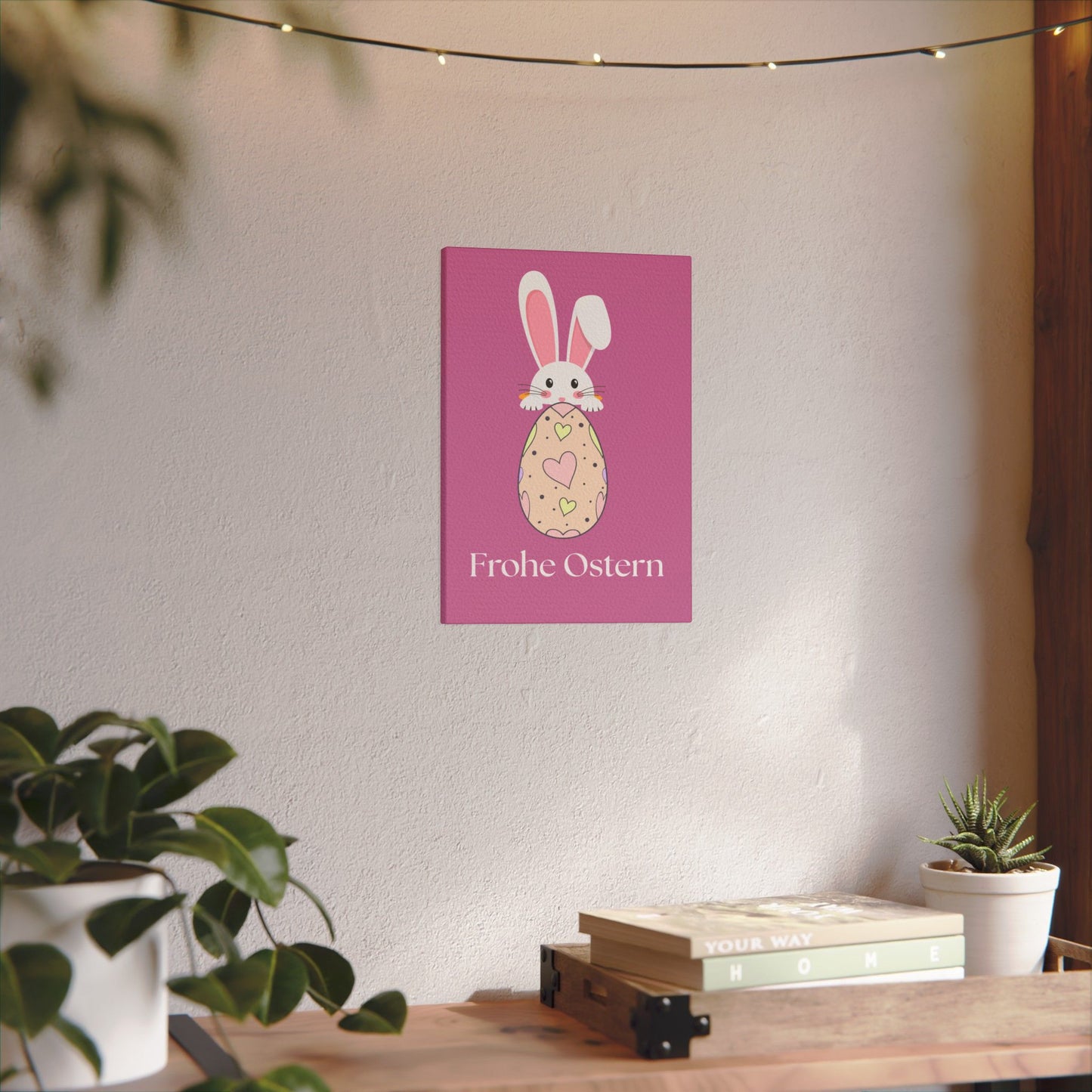 Giclée-Druck „Osterhase“ auf Leinwand – Dekor „Frohe Ostern“.