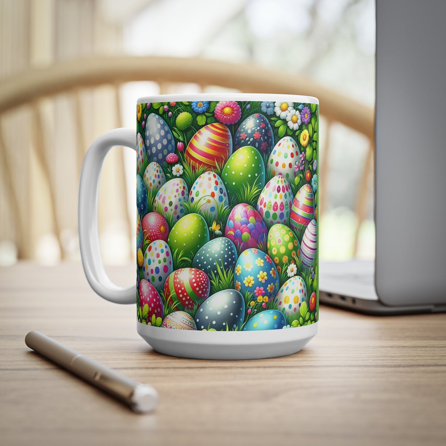 Easter Floral Ceramic Coffee Cups - 11oz & 15oz with Colorful Eggs Design