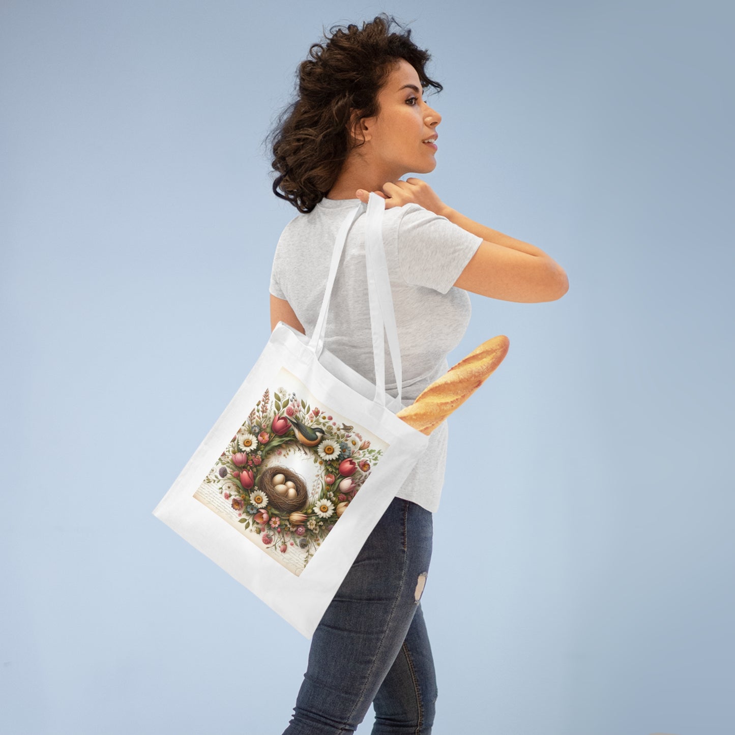 Spring Floral Tote Bag with Bird's Nest Design Frühlingsblumen-Einkaufstasche mit Vogelnest-Design